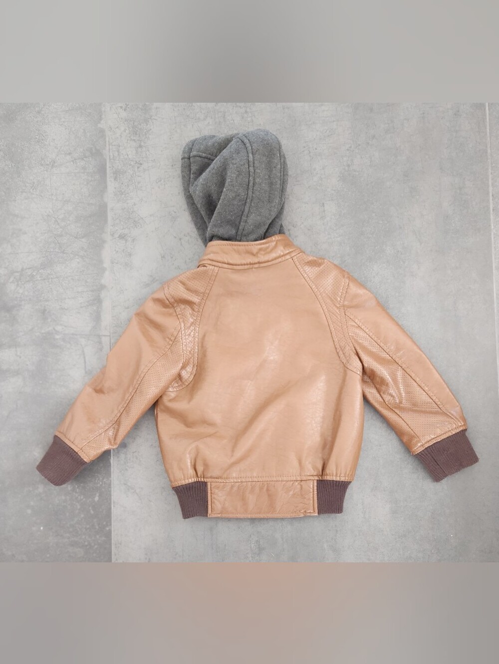 Urban Republic Boys Brown Faux Leather Hooded Jacket with Gray Lined Hood - Picture 2 of 2